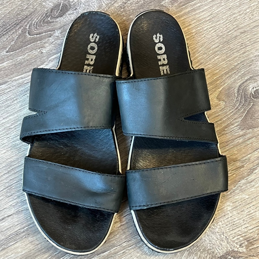 Sorel Out n About Plus Slide Sandals Black‎ Leather Womens 9 UK 7 EU 40 - Picture 2 of 8